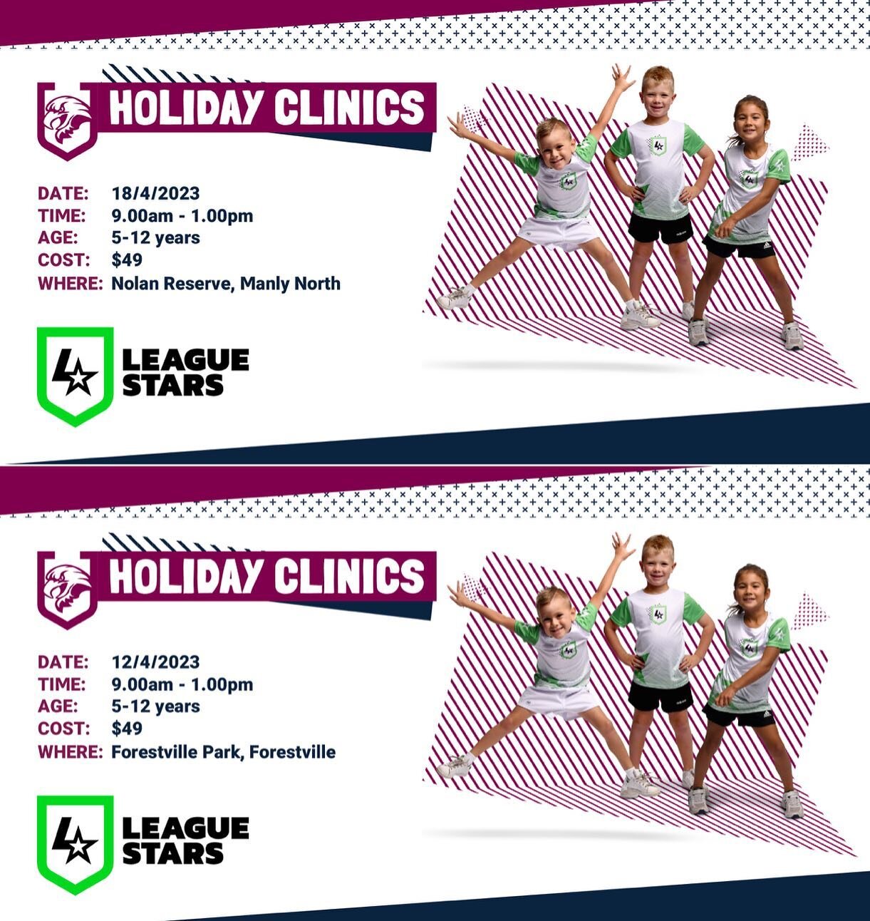 Need a school holiday activity? Look no further. 

The NRL have two upcoming Holiday Clinics at Forestville Park, Forestville on Tuesday 12th April and Nolan Reserve, North Manly on Wednesday 18th of April.

The clinics are open to all kids from 5 - 