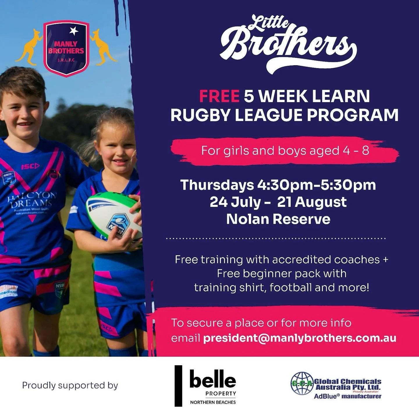 FREE 5-WEEK LEARN RUGBY LEAGUE PROGRAM 🏉
 
For girls and boys aged 4&ndash;8
Nolan Reserve, North Manly 
Thursdays, 4:30pm&ndash;5:30pm | 24 July &ndash; 21 August

🏈Free training with accredited coaches
🏈Free beginner pack &ndash; includes traini