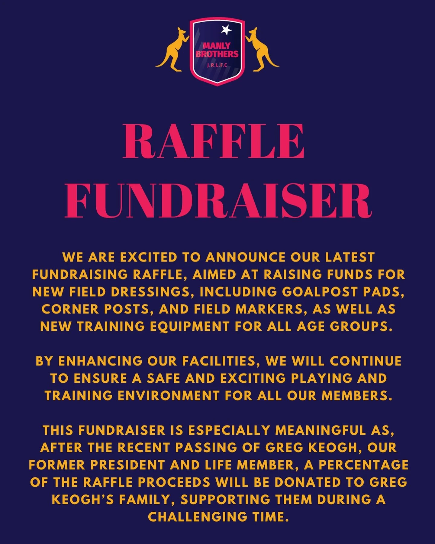 We are excited to announce the details of our raffle fundraiser aimed at raising funds for new field dressings for our small but mighty club. 

This fundraiser is especially meaningful as after the recent passing of Greg Keogh, our former President a