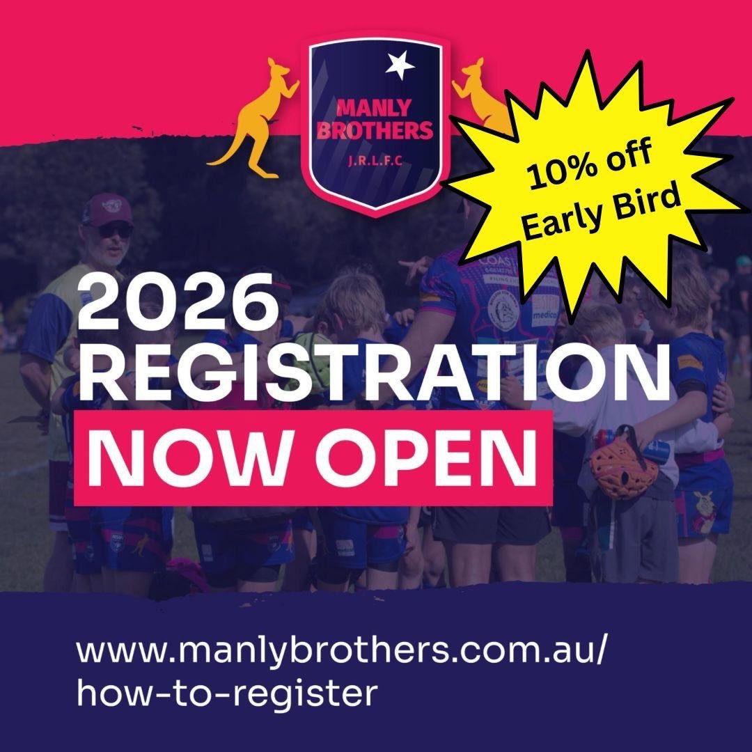 Manly Brothers 2026 registrations are now open!
Register before 31 December and receive 10% Off. 

And great news for the little ones U5&ndash;U9 registrations are completely FREE! 🏈🏈

Rally your touch footy team and join us for a fun winter season