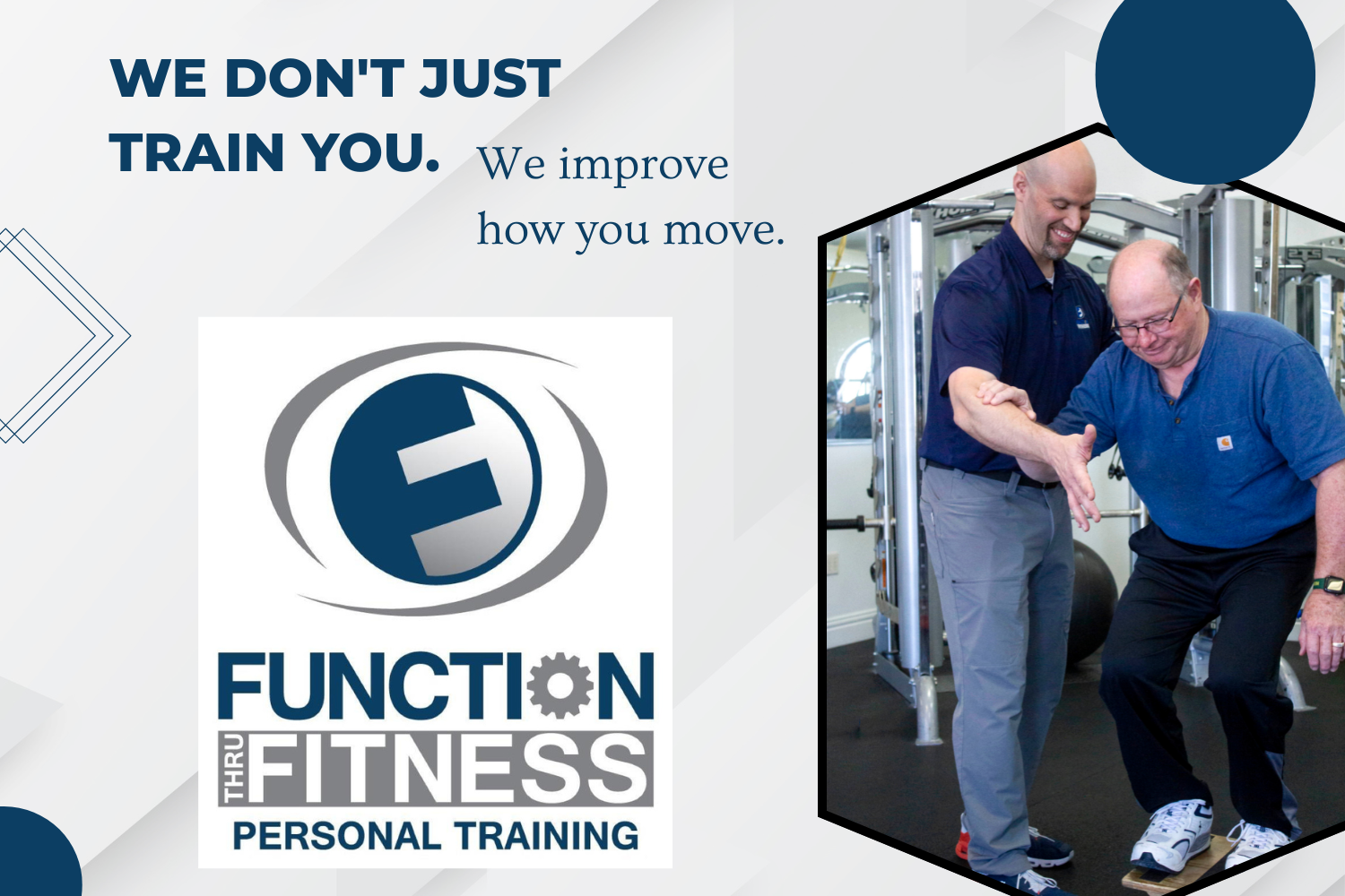 Function Thru Fitness trainer guiding an older adult client through a balance and mobility exercise in the gym — 'We don't just train you, we improve how you move