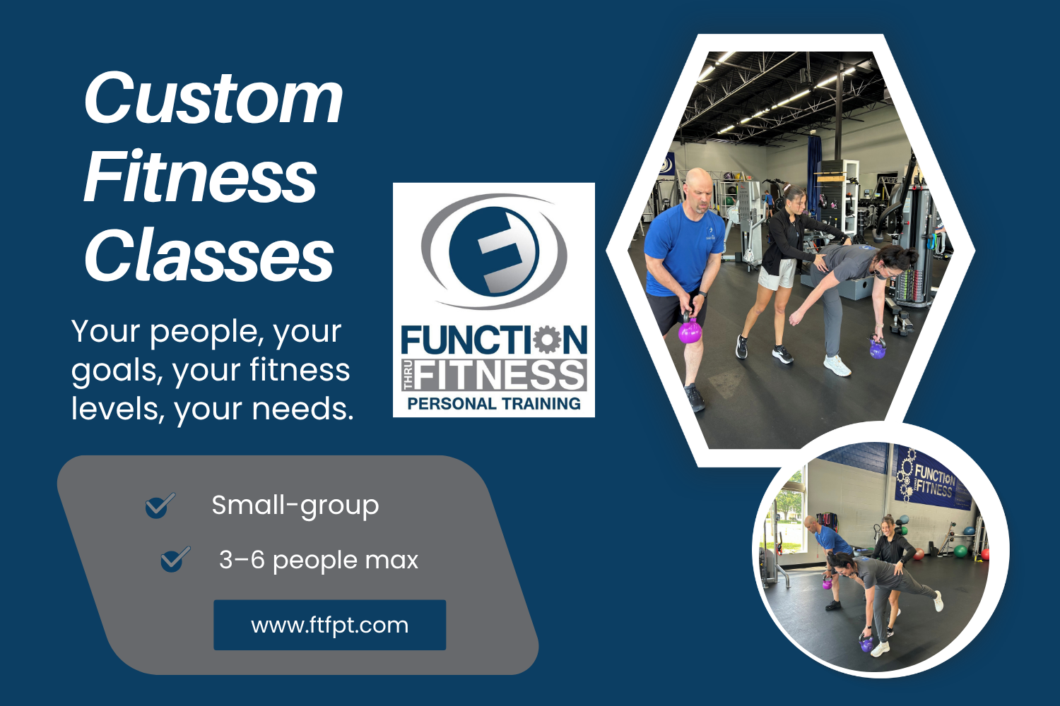 Function Thru Fitness offers custom fitness classes in Green Bay, WI for groups of 3 to 6. Build a class around your group's goals, abilities, and schedule.