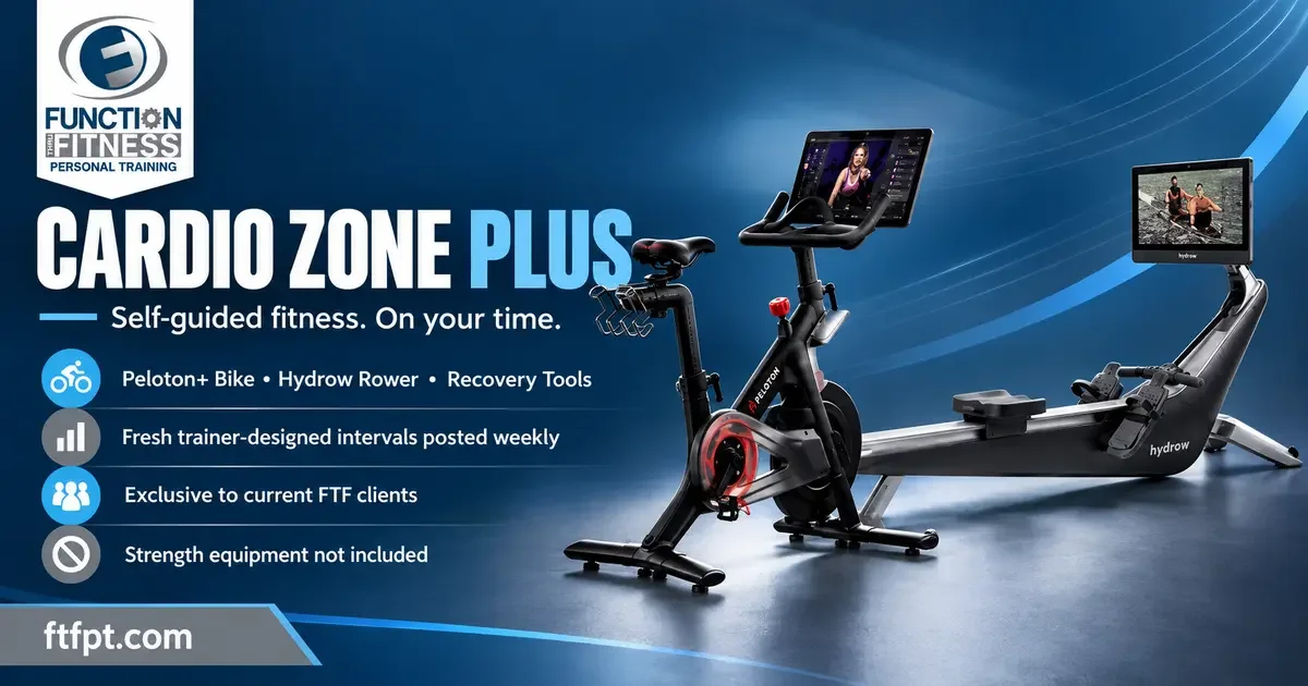Peloton+ bike and Hydrow rower available through the Cardio Zone Plus plan at Function Thru Fitness.