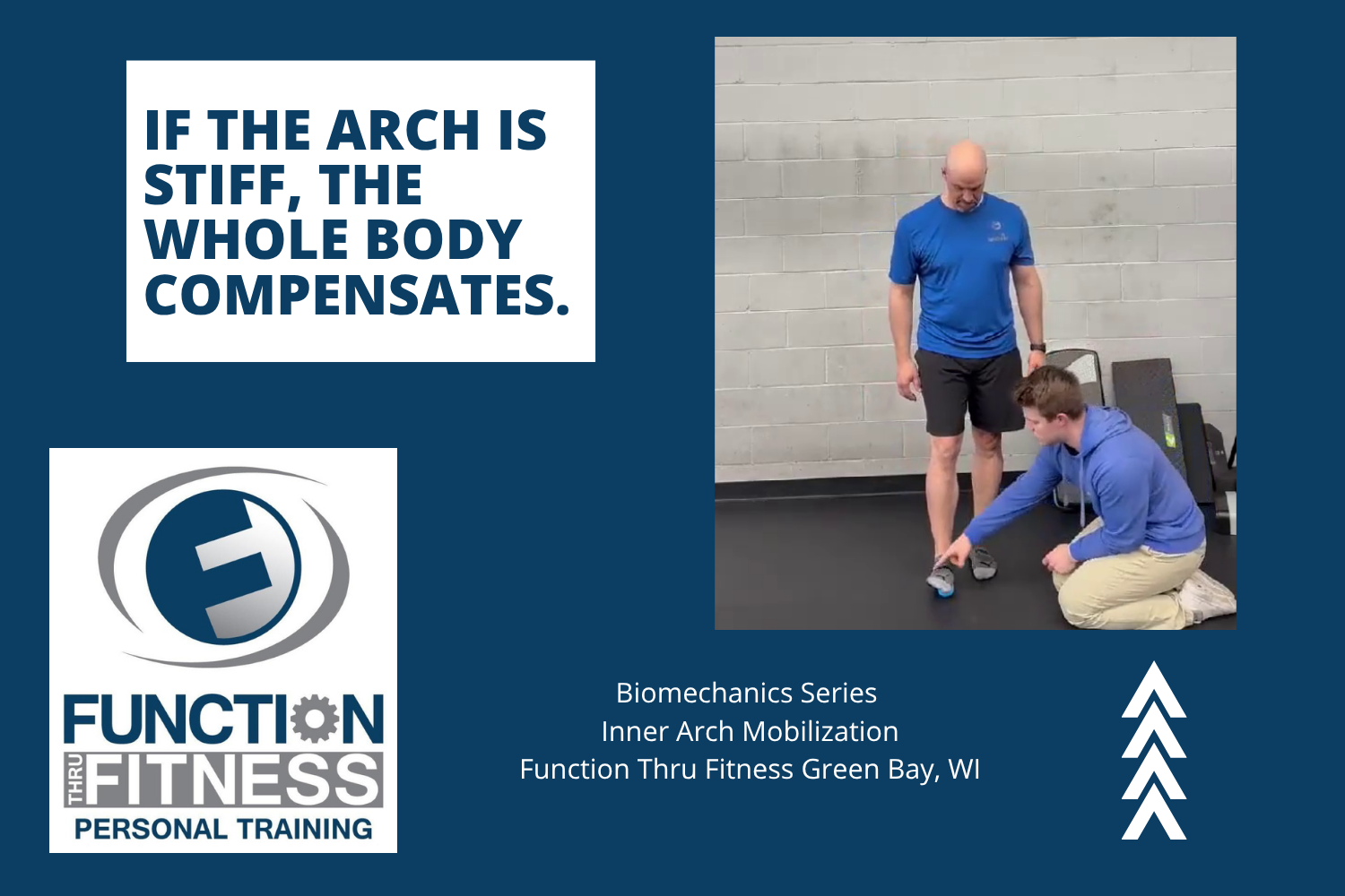 The inner arch mobilization restores arch elasticity and foot mobility along the big toe line. Demonstrated by John Blaser, biomechanics specialist at Function Thru Fitness in Green Bay, WI.