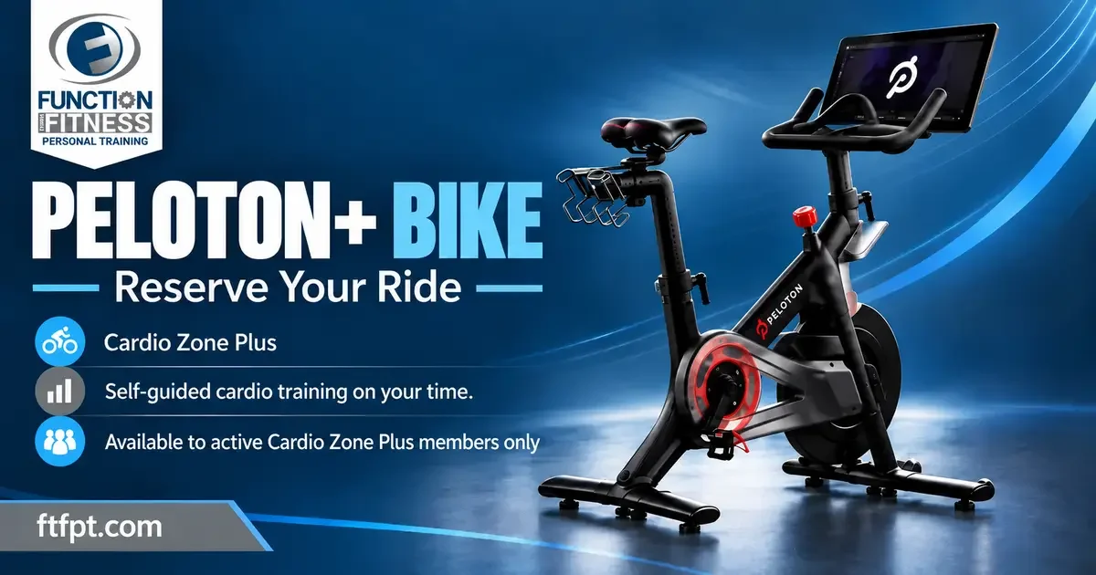 Commercial Peloton+ bike available for Cardio Zone Plus member reservations at Function Thru Fitness.
