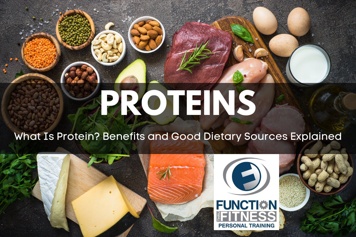 Protein benefits and good dietary sources including lean meats, fish, eggs, legumes, and nuts — nutrition coaching at Function Thru Fitness personal training in Green Bay, WI