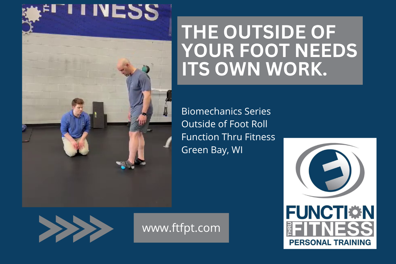 The supination biased foot mobilization targets the outer edge of the foot along the fourth toe line. Demonstrated by John Blaser, biomechanics specialist at Function Thru Fitness in Green Bay, WI.