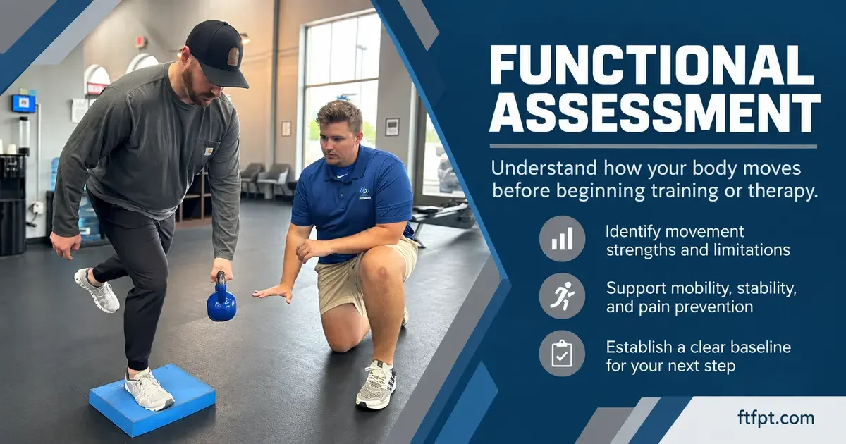 Trainer observes a client balancing on one leg with a kettlebell during a functional movement assessment.