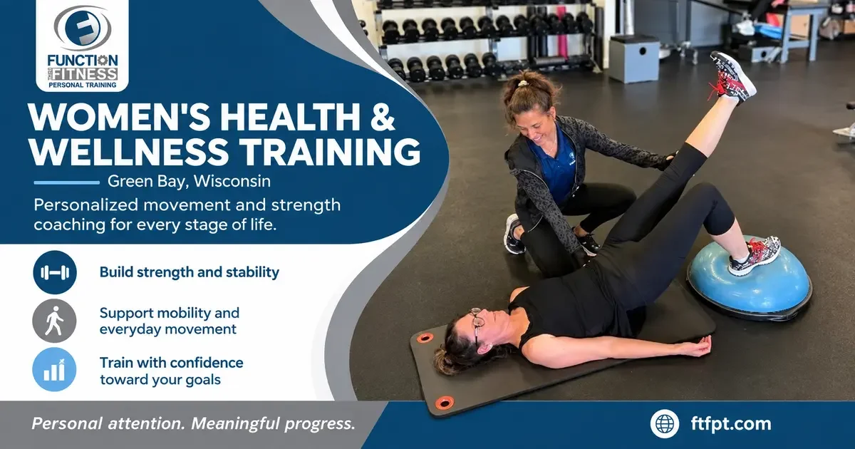 Trainer guides a client through a stability exercise during women’s health and wellness training.