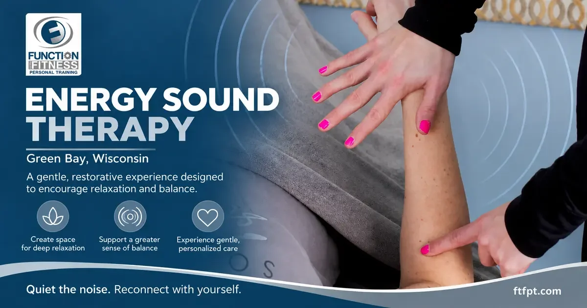 Energy sound therapy practitioner works near a client’s arm during a restorative session in Green Bay.