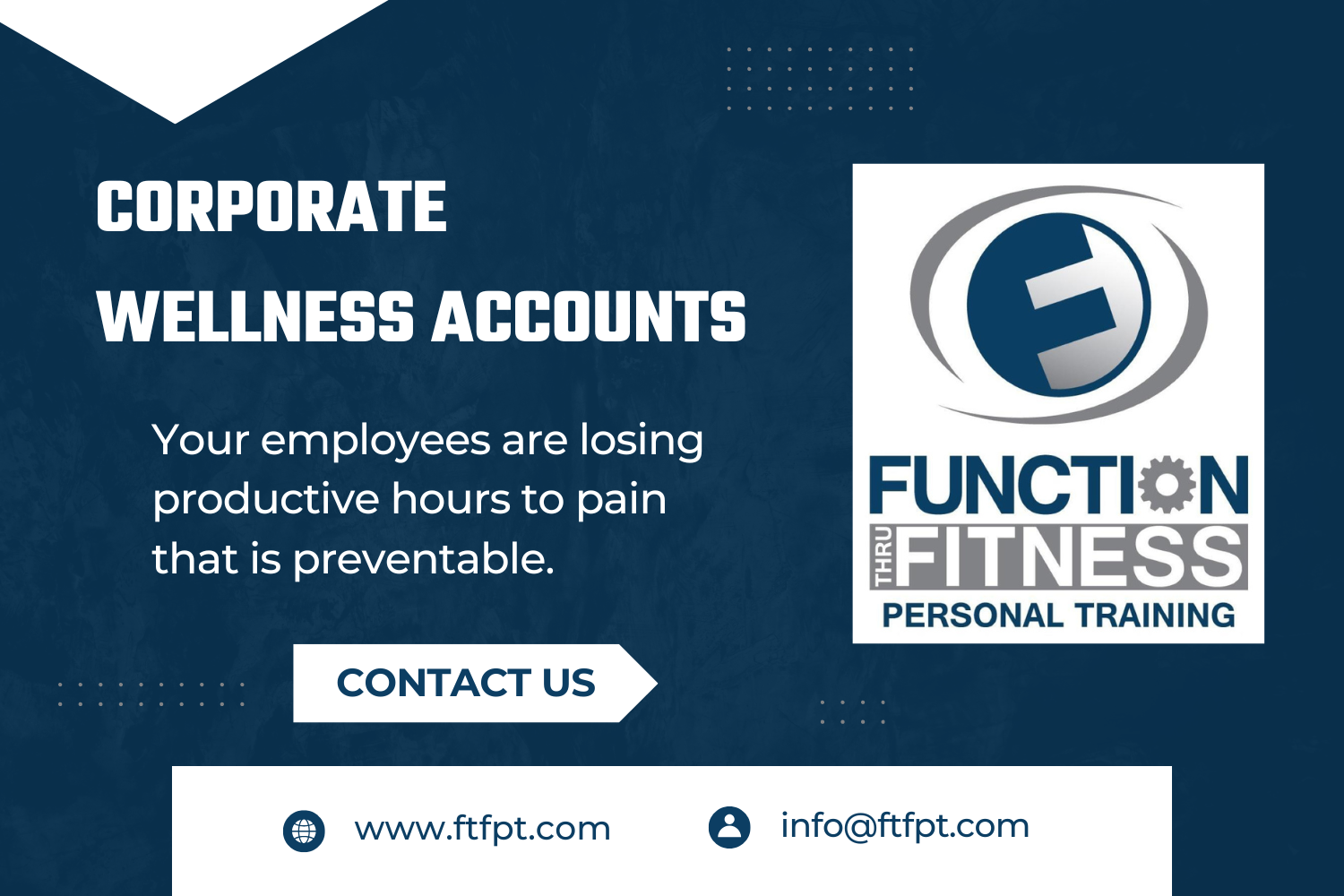 Function Thru Fitness corporate wellness accounts graphic — 'Your employees are losing productive hours to pain that is preventable' with a Contact Us button, www.ftfpt.com