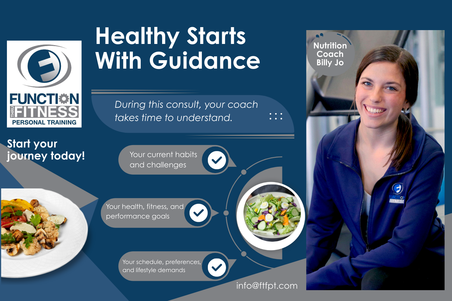 Nutrition Coach Billy Jo Collette explaining personalized nutrition coaching with personal training at Function Thru Fitness in Green Bay, WI