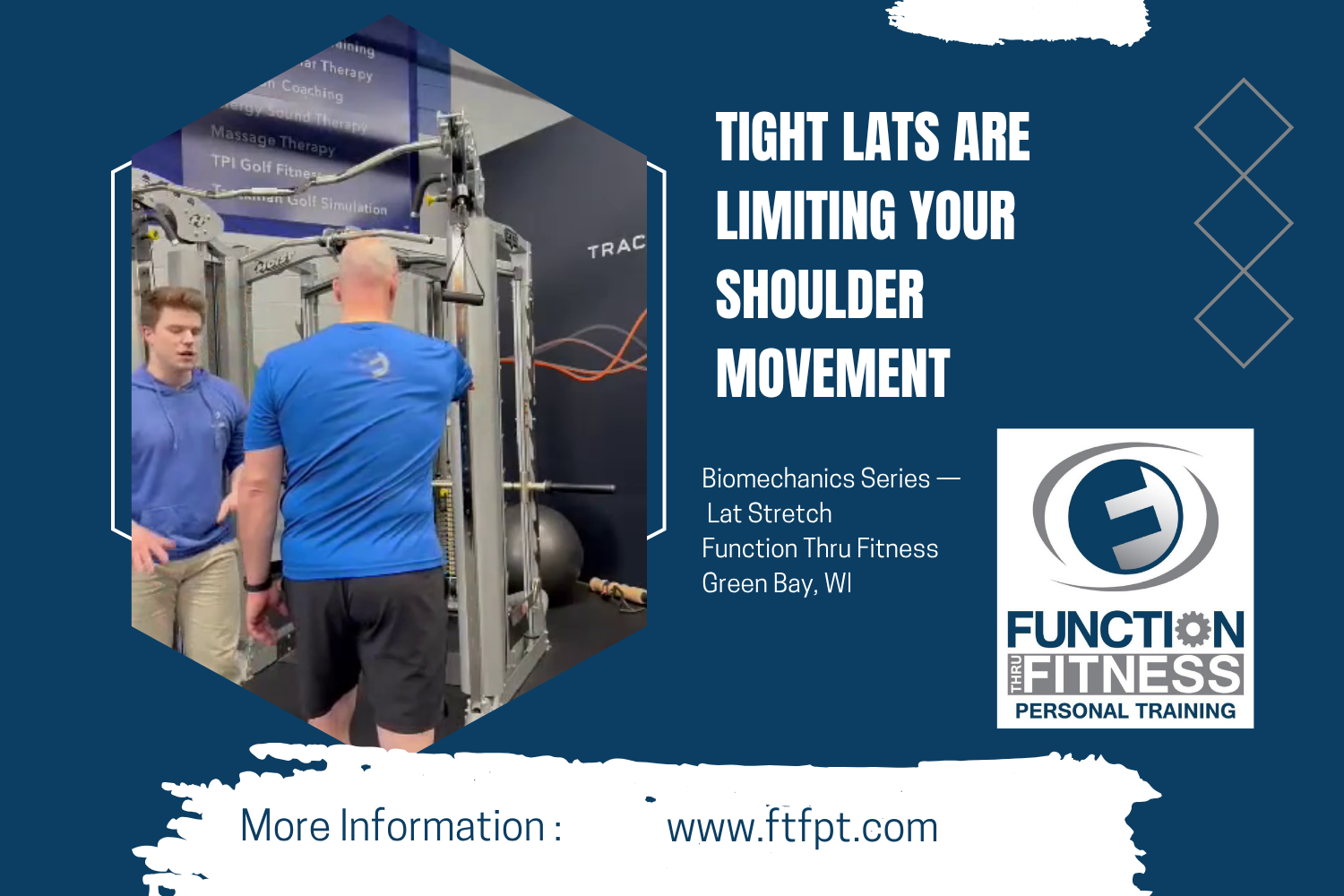 Learn how a lat stretch using breath and rotation can improve shoulder exercises range of motion and relieve shoulder impingement. Demonstrated by John Blaser, biomechanics specialist at Function Thru Fitness in Green Bay, WI.