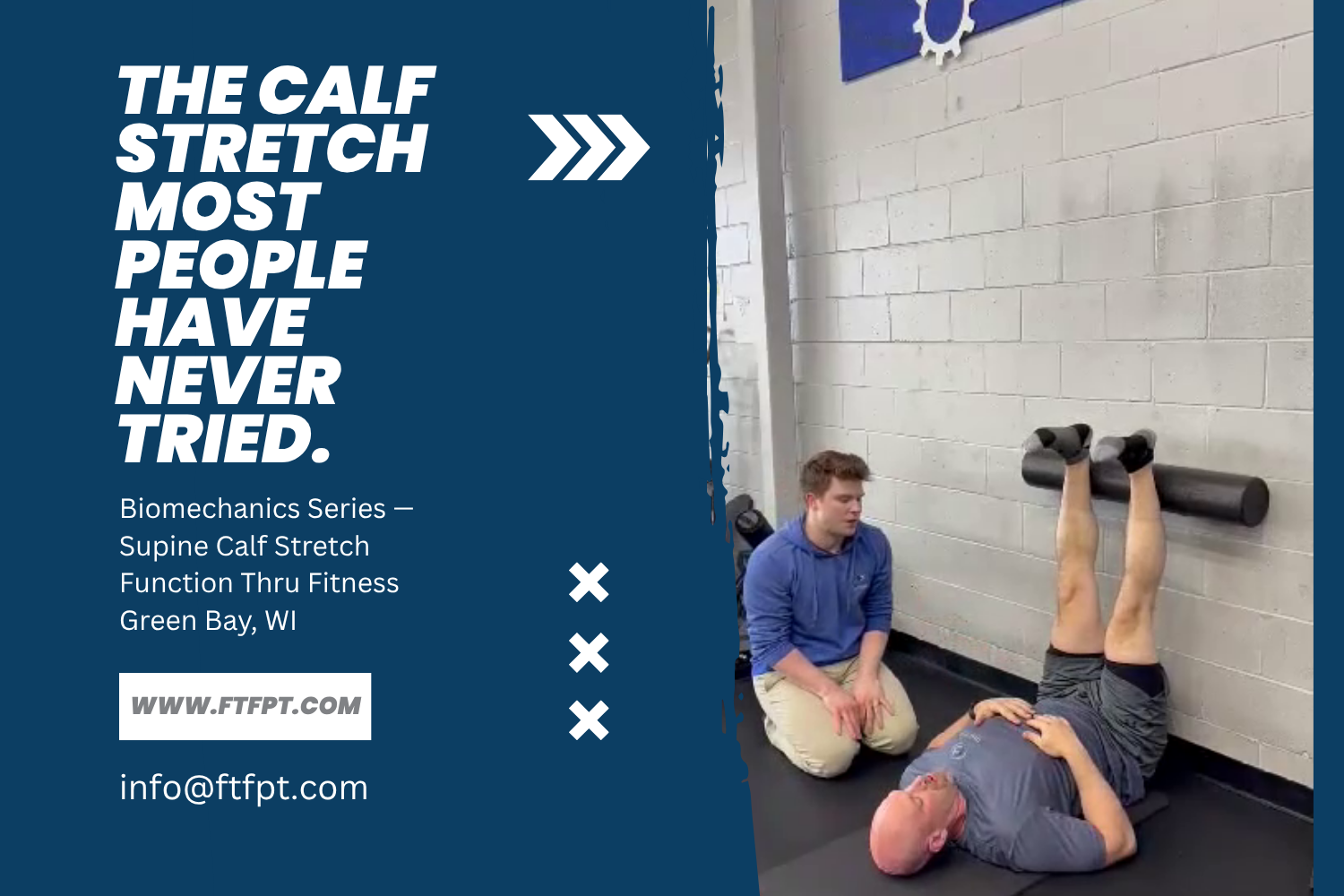 Learn how a supine calf stretch performed on the floor can improve lower leg mobility without standing. Demonstrated by John Blaser, biomechanics specialist at Function Thru Fitness in Green Bay, WI.