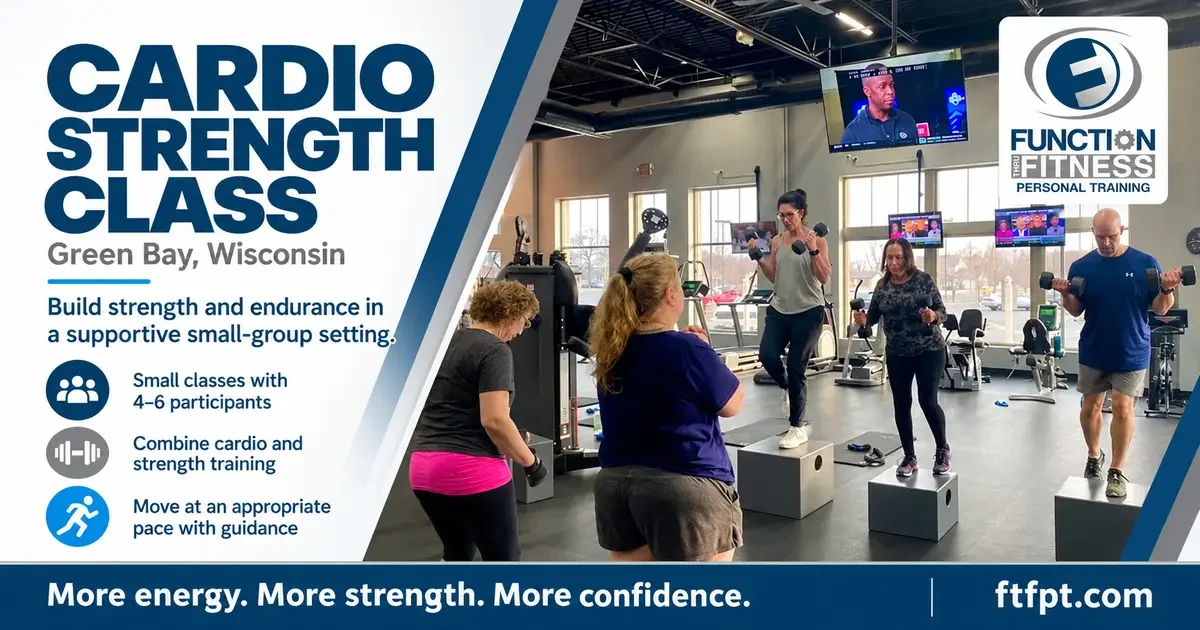 Adults perform step-ups and dumbbell exercises during a cardio strength class at Function Thru Fitness.