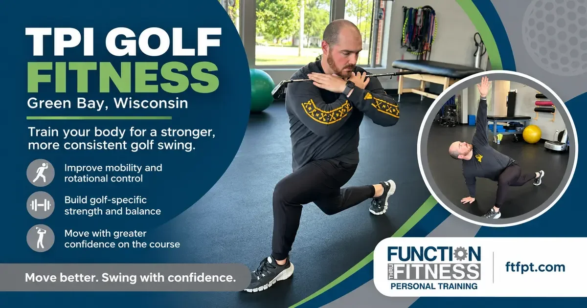 Golfer performs a rotational mobility exercise during TPI golf fitness training at Function Thru Fitness.