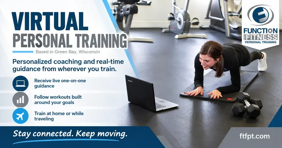 Client completes a virtual personal training workout beside a laptop and dumbbells.
