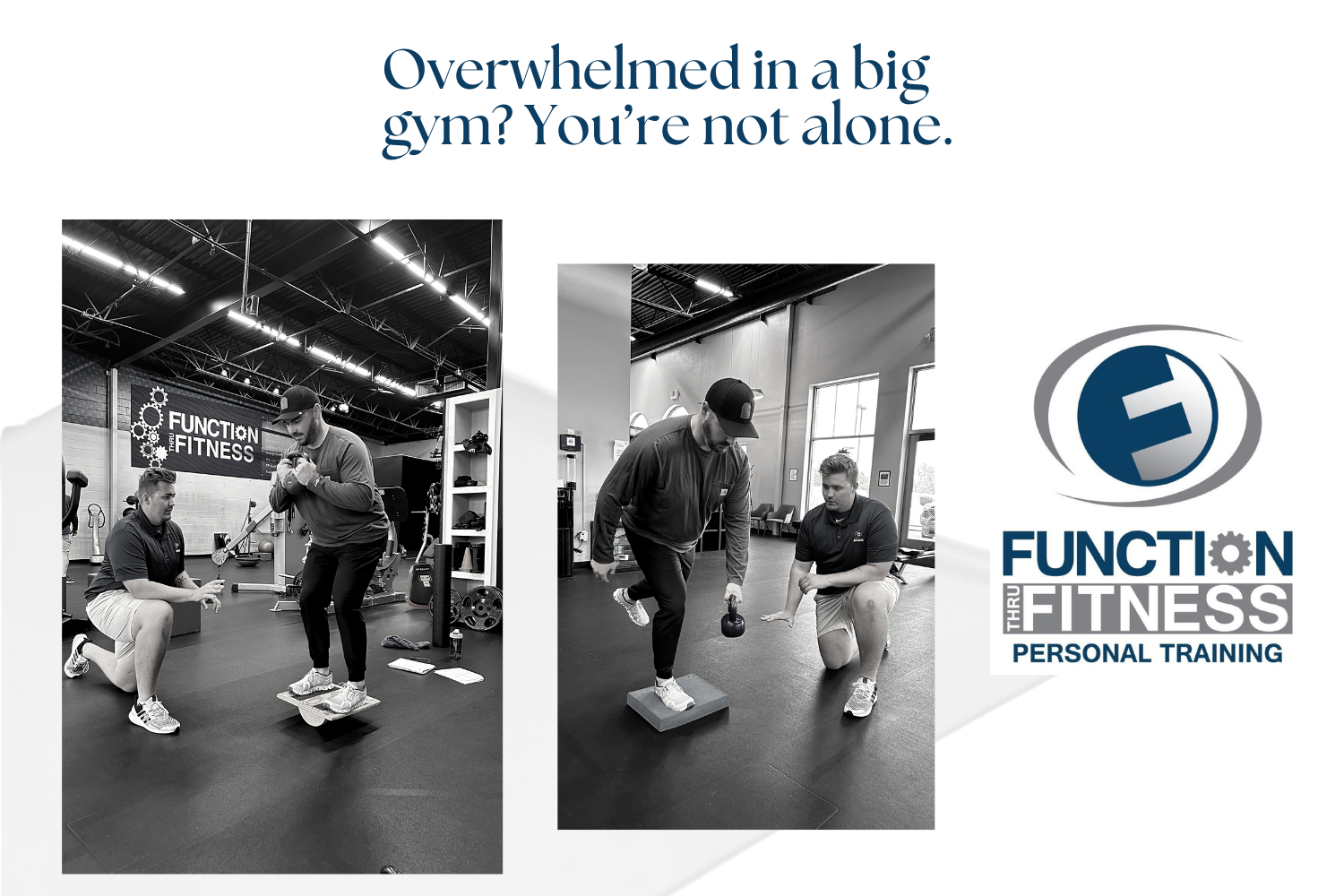 Black and white image of trainer working one-on-one with client at Function Thru Fitness in Green Bay WI, offering personalized support compared to large gyms.
