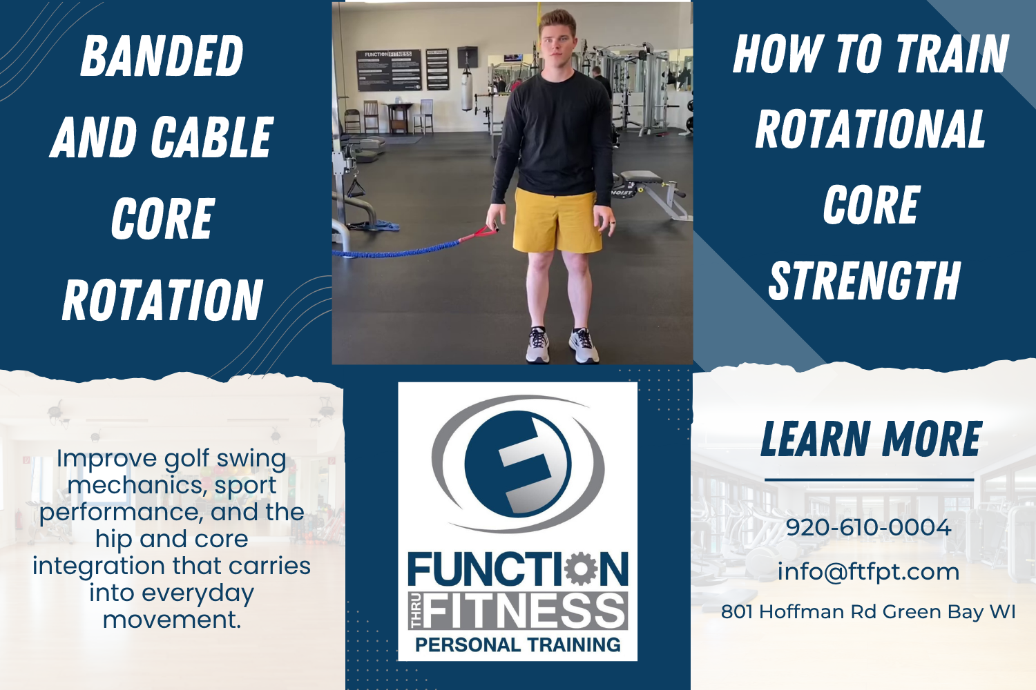 Function Thru Fitness trainer John Blaser in Green Bay WI performing a banded and cable core rotation exercise showing 45-degree rotation, hip engagement, and controlled return to midline