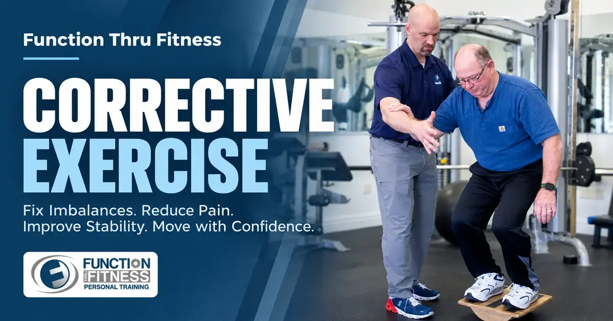 Corrective exercise specialist assists an older adult with a supported squat at Function Thru Fitness.