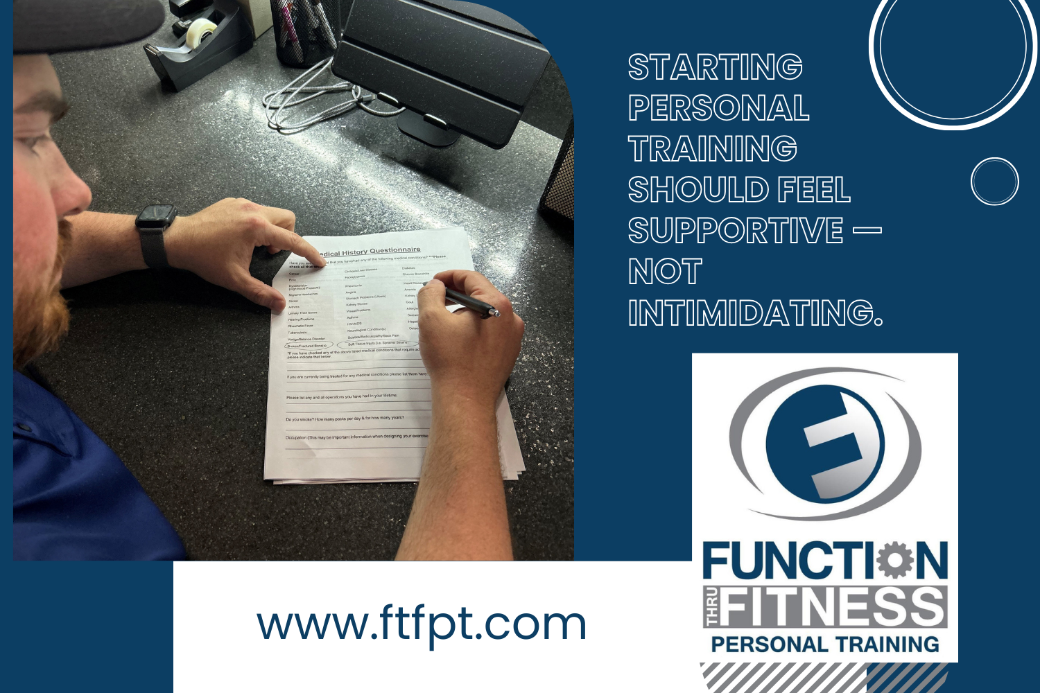 Client filling out a medical history form at Function Thru Fitness in Green Bay WI, highlighting supportive and non-intimidating personal training.