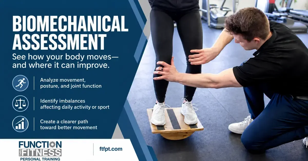 Trainer evaluates a client’s lower-body movement during a biomechanical assessment at Function Thru Fitness in Green Bay.