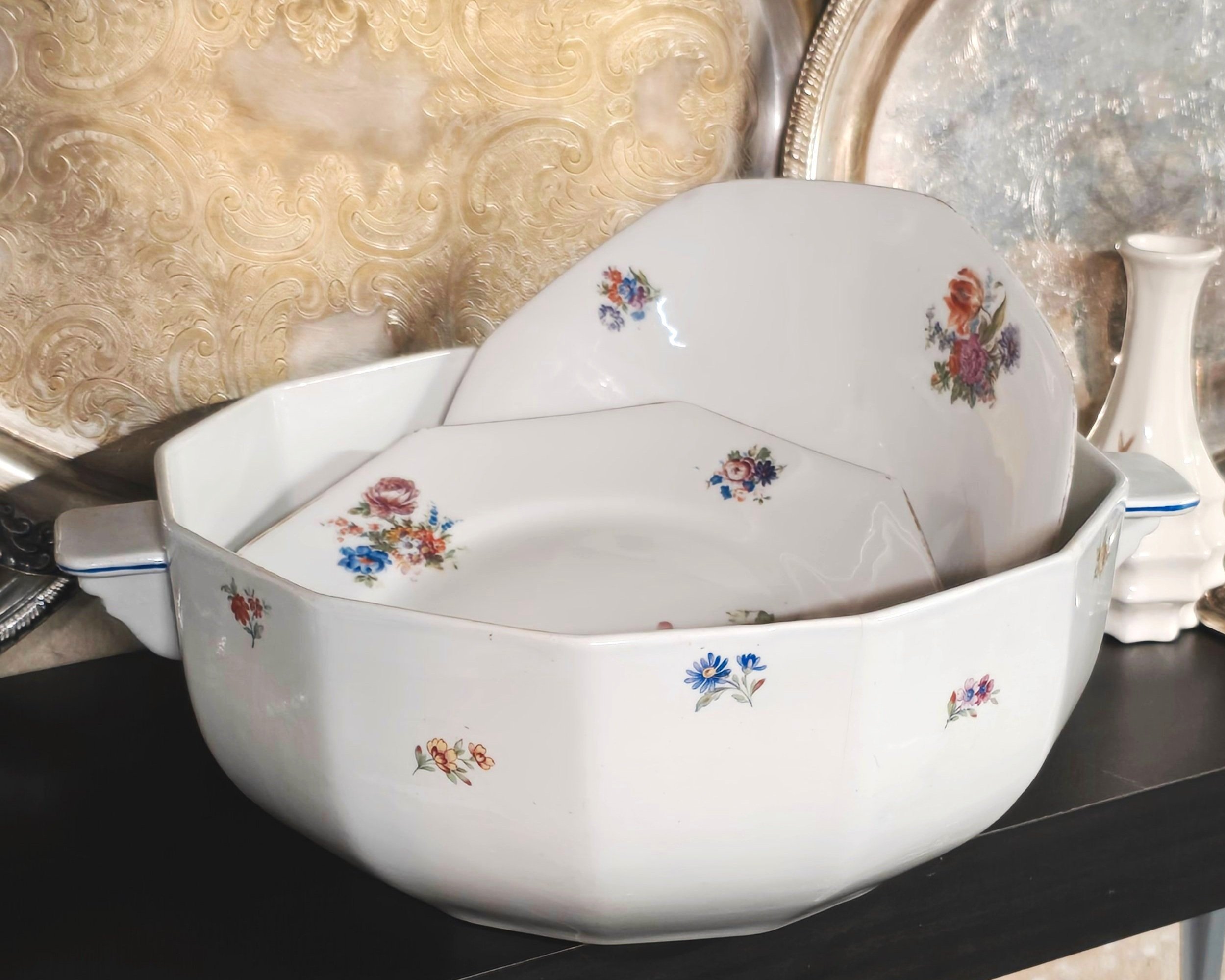 Antique Porcelain/Half Porcelain Serve Ware, Set of 3, White with Hand Painted Multicolor Flowers