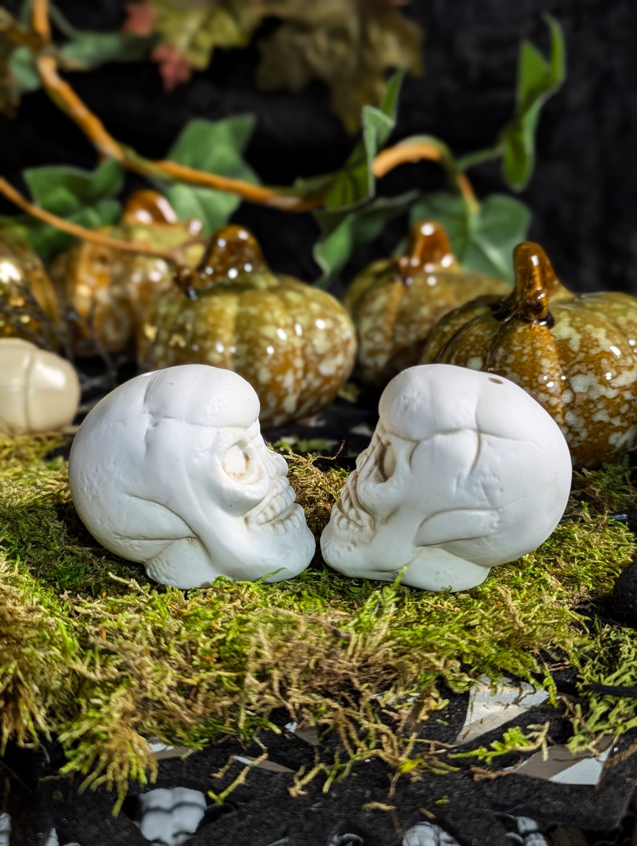Vintage Handmade Gothic Style Ceramic Skull Salt & Pepper Shakers