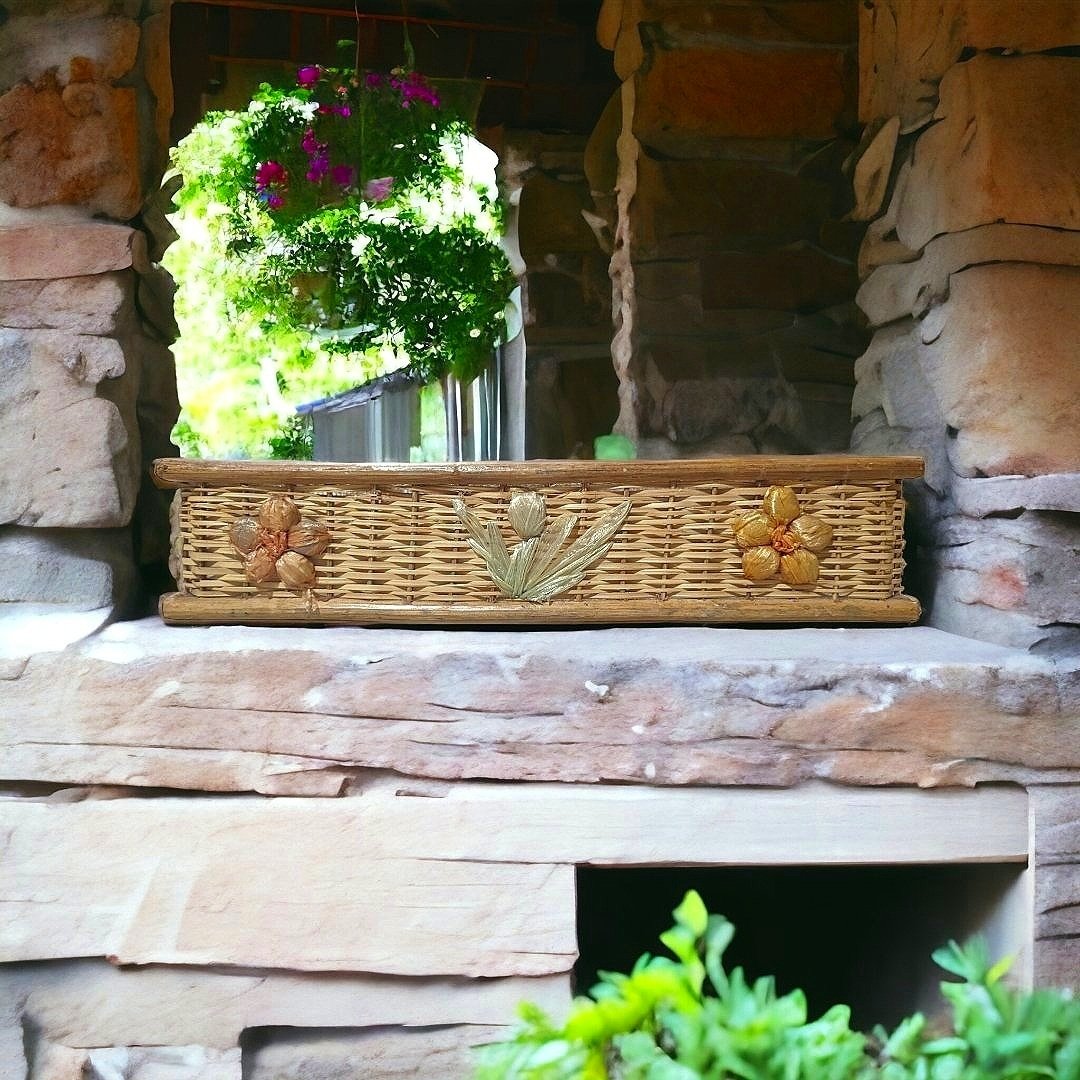 Boho style hand crafted basket, Post modern early 90’s, Long rectangle shaped with wooden rim and multicolored raffia flower and leaf design,