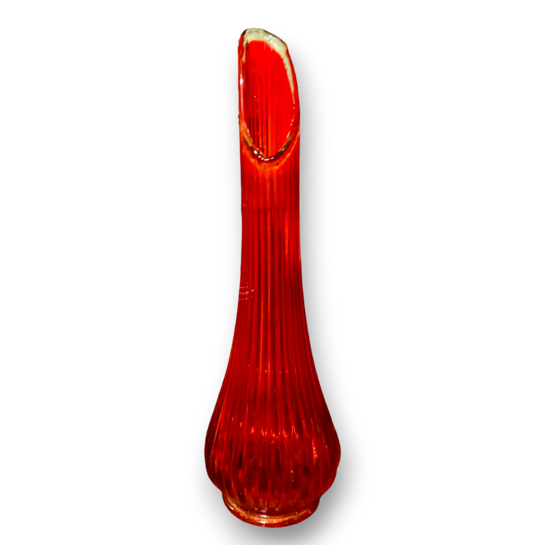 vintage red ribbed glass with yellow rim swung vase