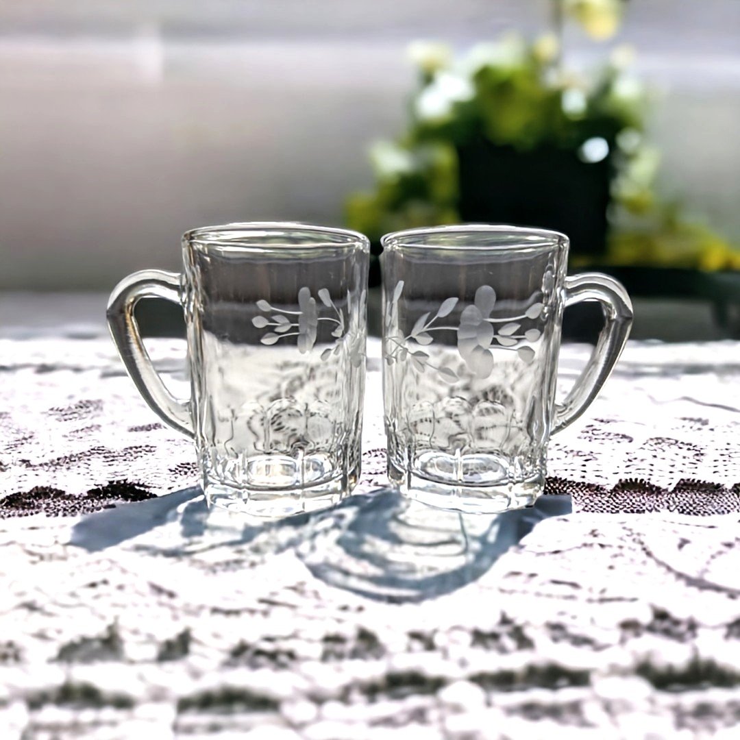 VTG set of 2 glass mini mug/shot glasses with handle. Cut floral and leaf design with paneled based. Holds 3oz. Heritage by Princess House. Rare Find