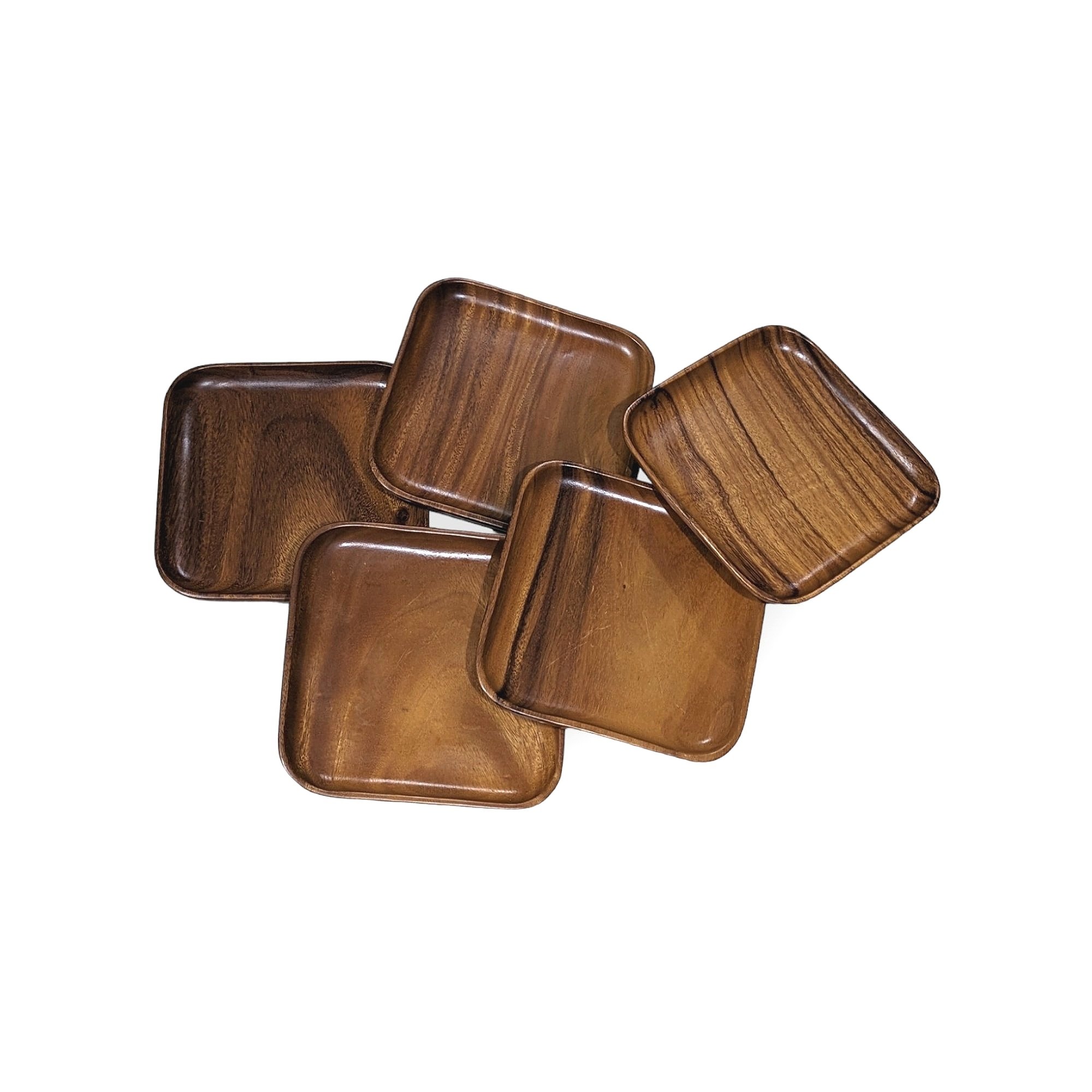 Set of 5 vintage mid-century modern wooden plates, Large smooth square shaped dining dinner plates, All of their own unique pattern,10” x 9 7/8”, Multicolored brown, Minimal scratching,