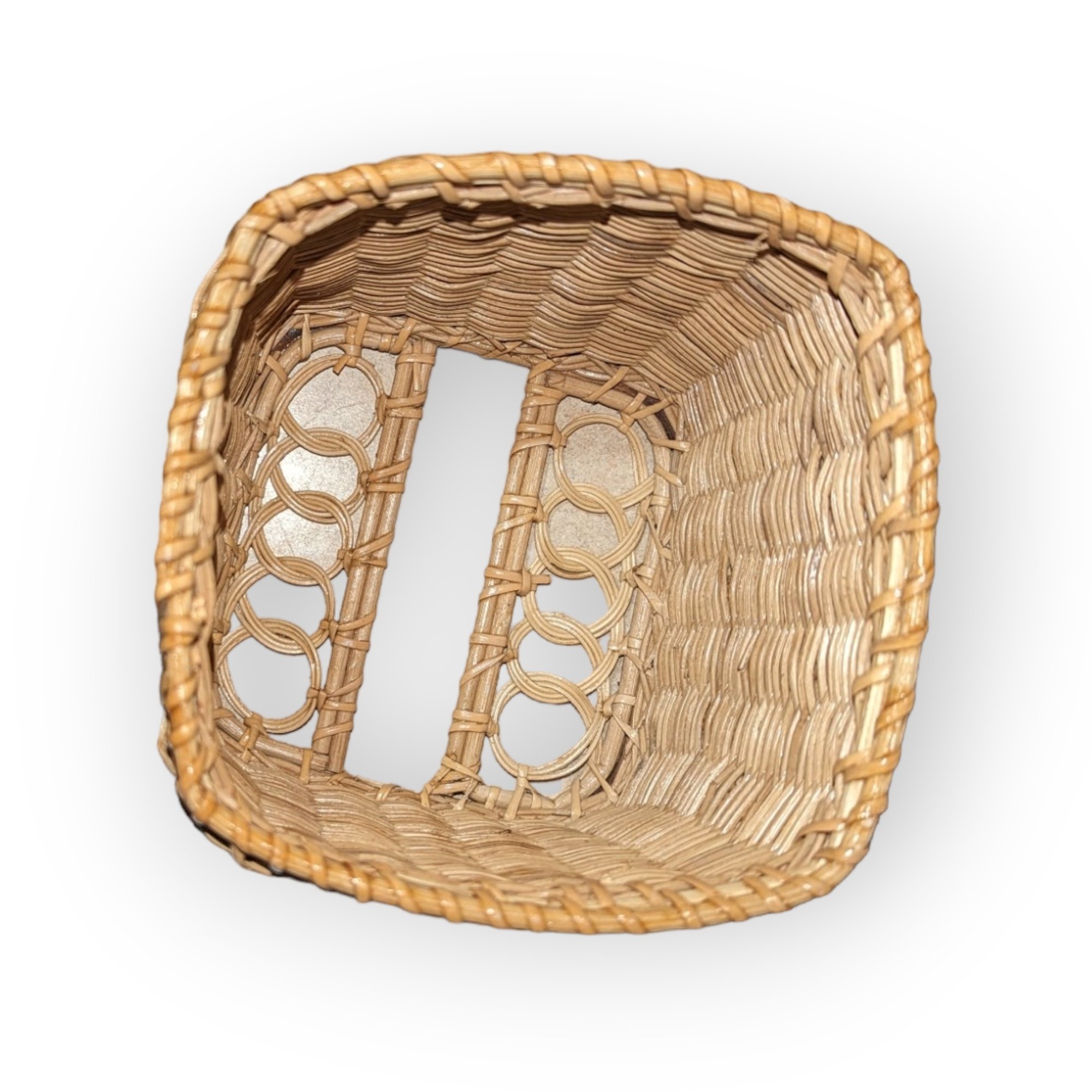 Post modern / Vintage wicker tissue box cover, 6.5” H x 6”W, Hand crafted from organic textured materials, Natural color tones create Natural, Boho, or Farmhouse styles.