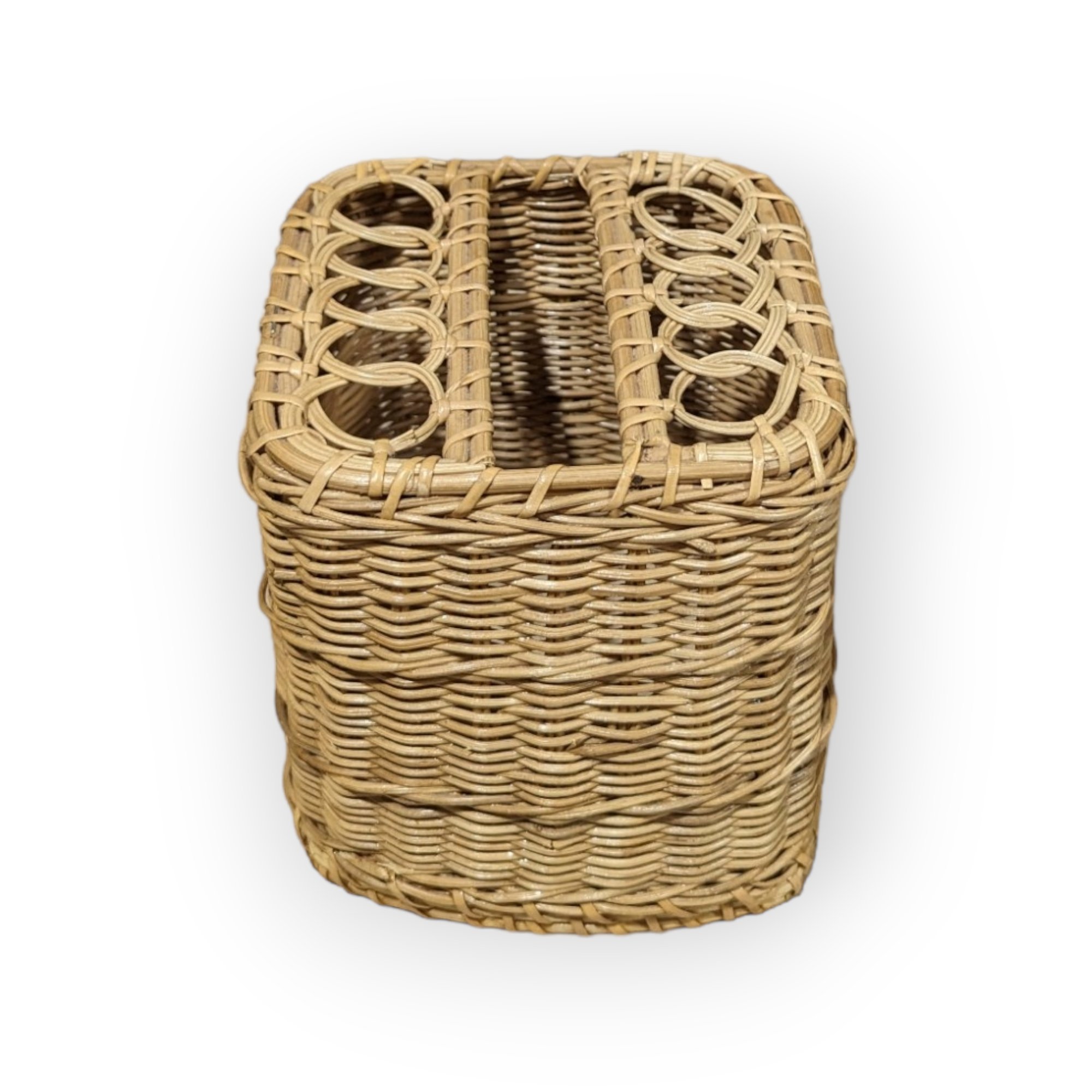 Post modern / Vintage wicker tissue box cover, 6.5” H x 6”W, Hand crafted from organic textured materials, Natural color tones create Natural, Boho, or Farmhouse styles.