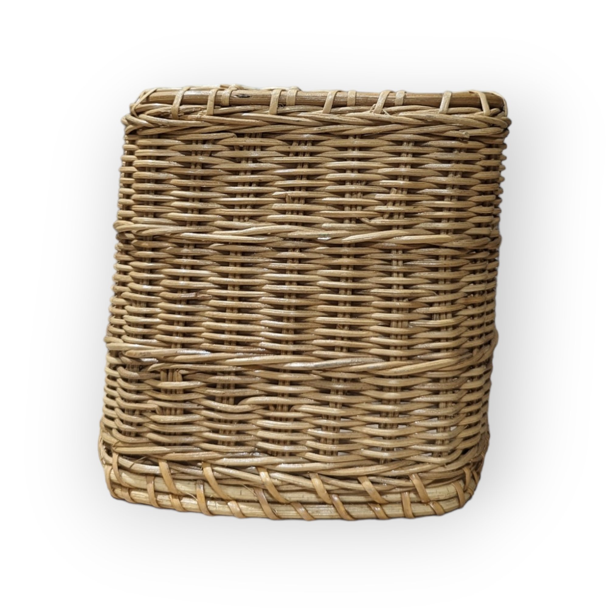 Post modern / Vintage wicker tissue box cover, 6.5” H x 6”W, Hand crafted from organic textured materials, Natural color tones create Natural, Boho, or Farmhouse styles.