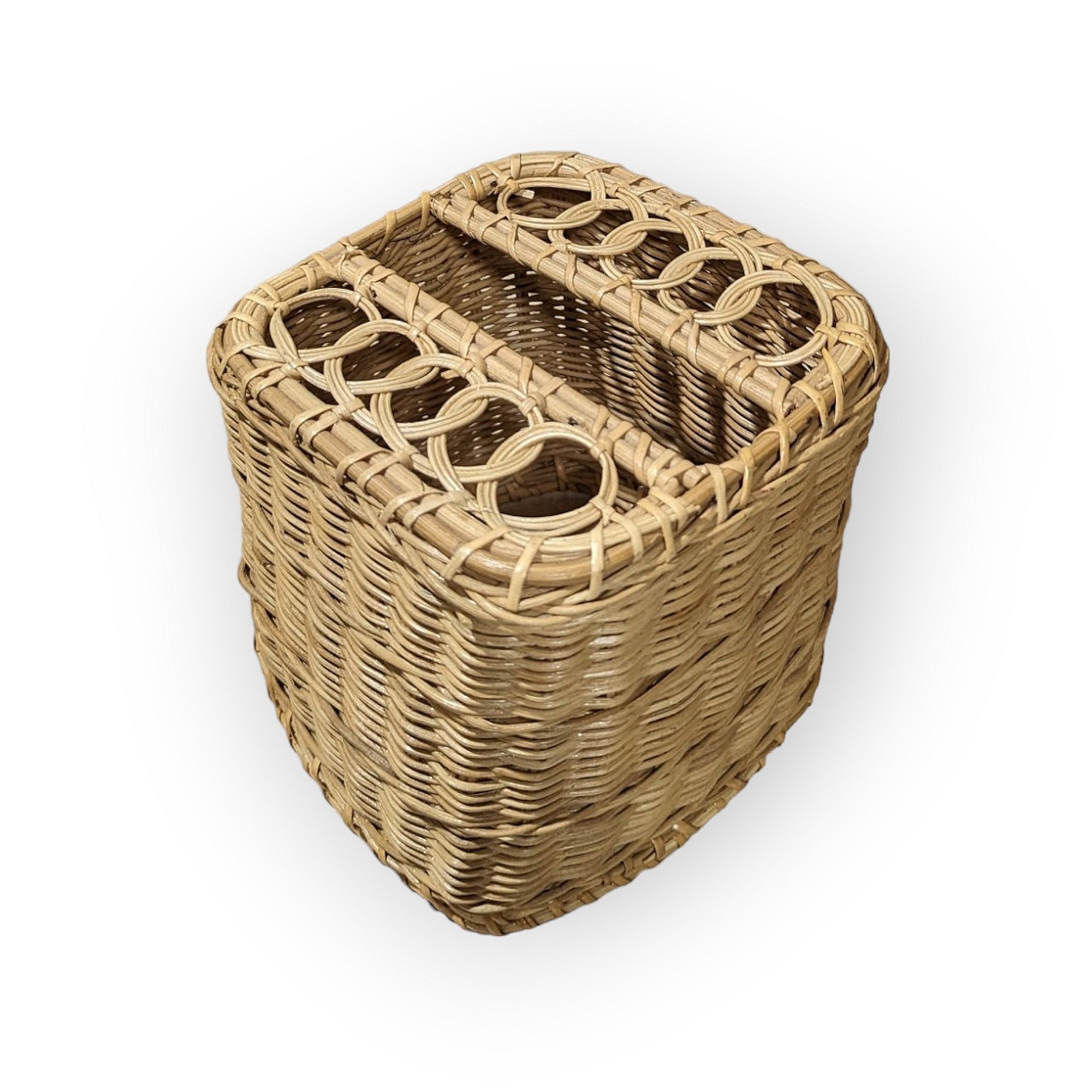 Post modern / Vintage wicker tissue box cover, 6.5” H x 6”W, Hand crafted from organic textured materials, Natural color tones create Natural, Boho, or Farmhouse styles.