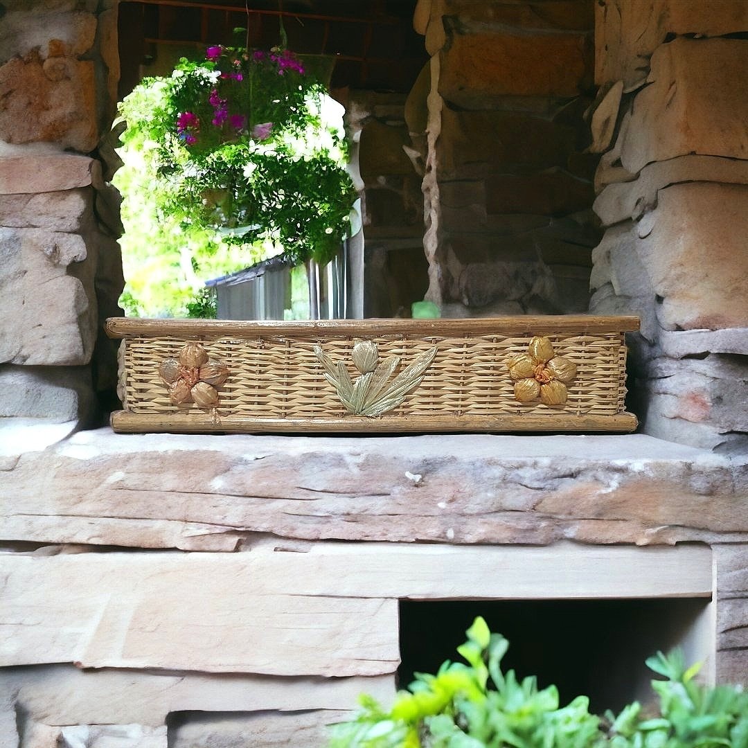 Post Modern Boho Style Hand Woven Wooden Basket with Wood Rim & Raffia Flower Design