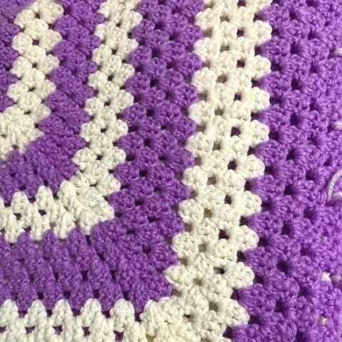 Purple & White Hand Woven Granny Square Afghan, Lilac & White Blanket w/Fringe LG
