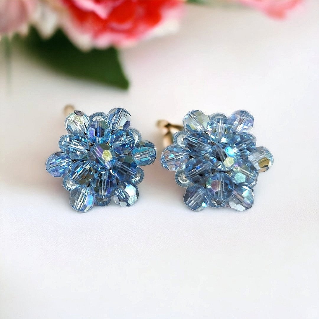 1960's Vintage Light Blue AB Crystal /Glass Beaded Clip On Earrings, 1x1"