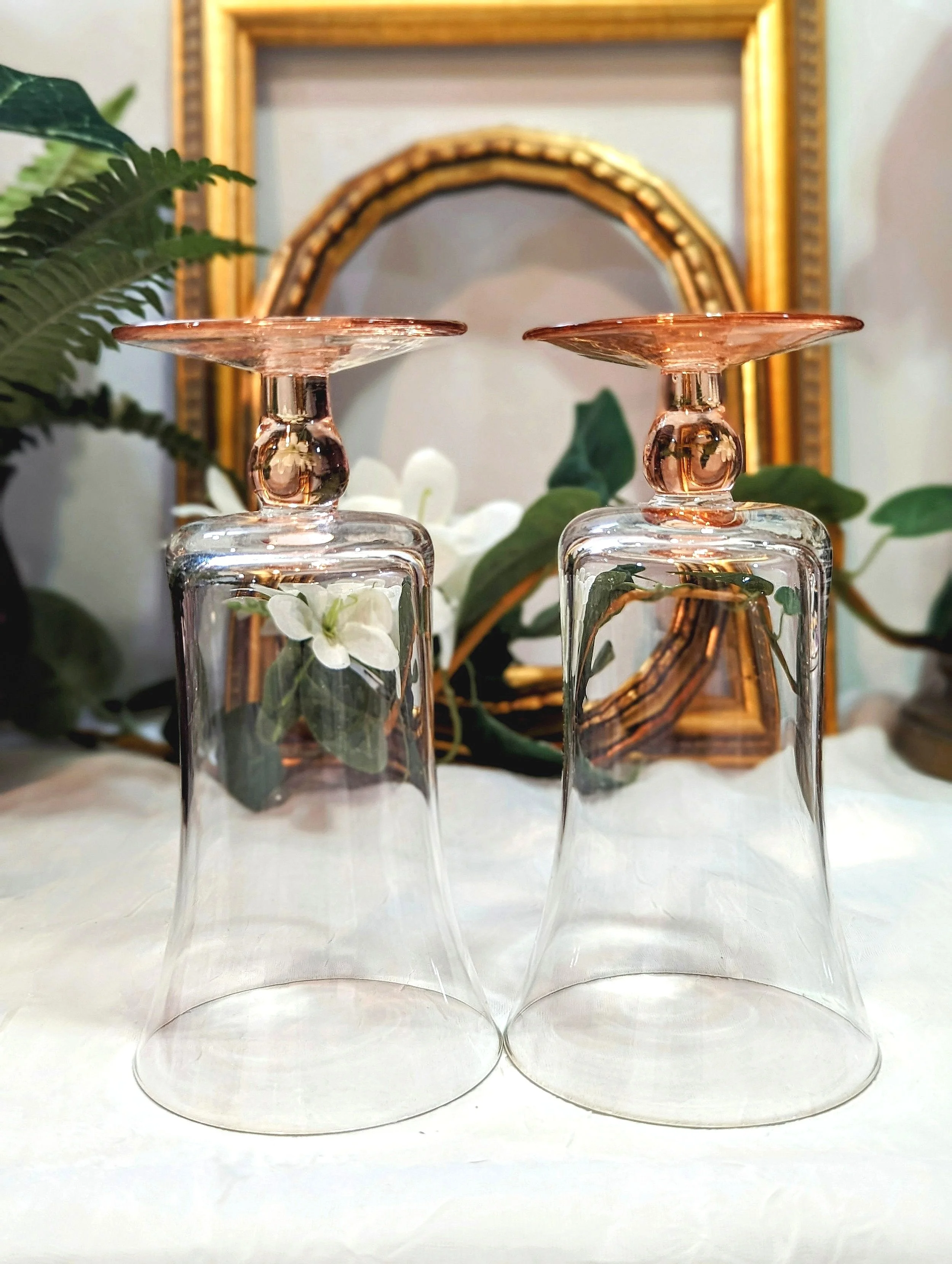 Art Deco Style Clear & Pink Ball Stem Juice/Cocktail Glasses,Set of 4