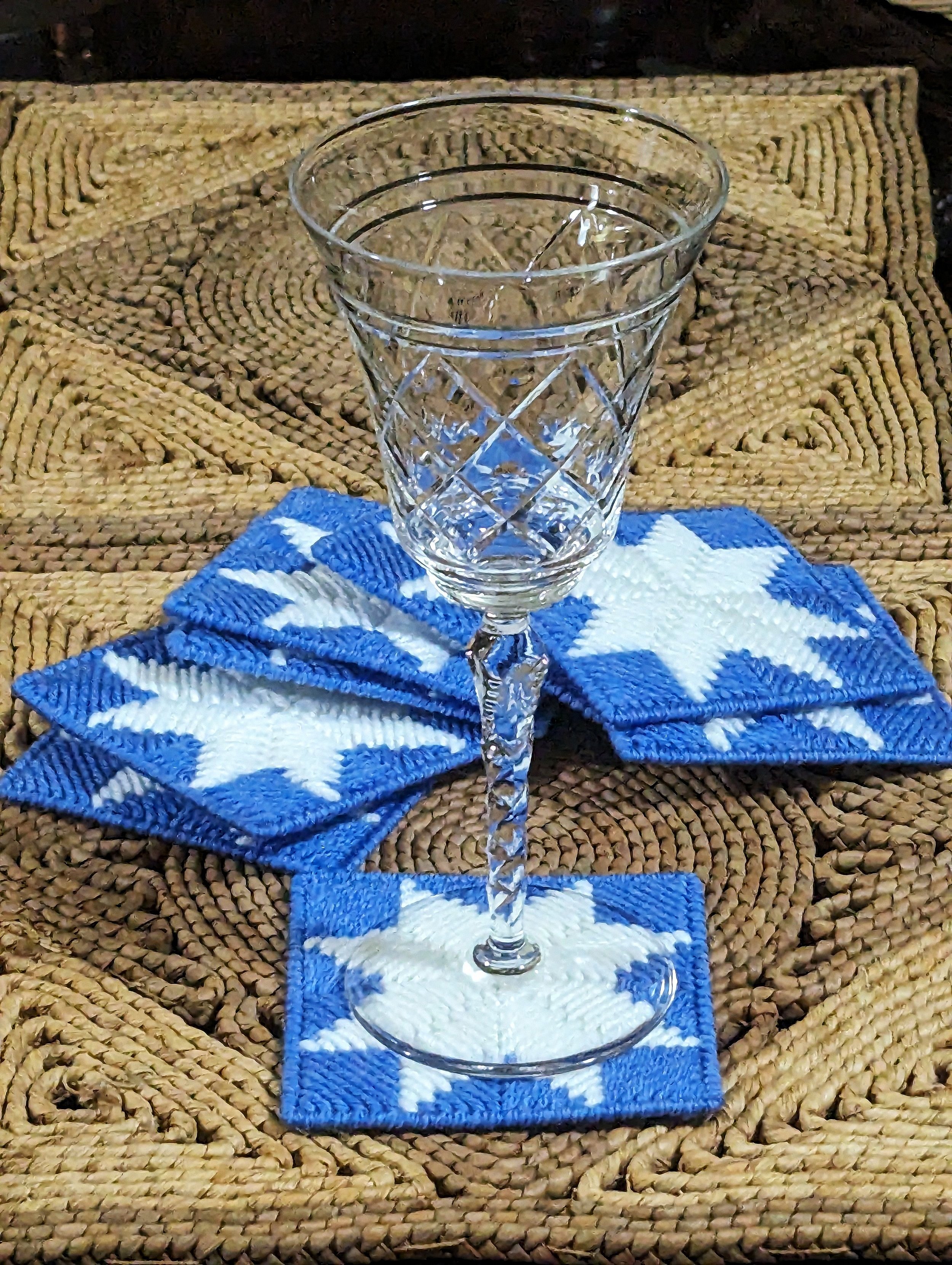 Blue & White Needle Point on Plastic Canvas Coaster with 8 Point Star Pattern, Set 8