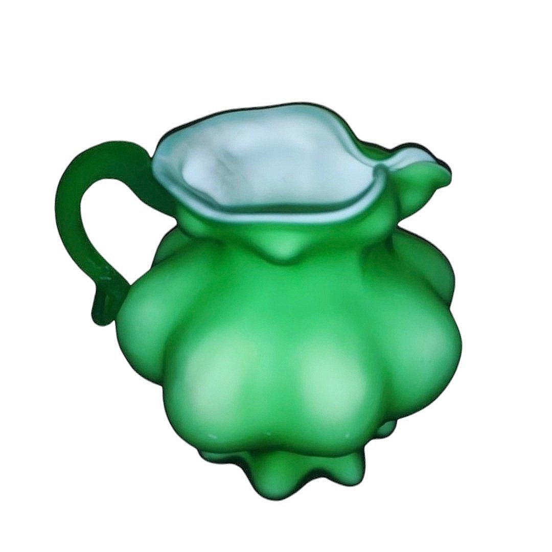 70’s Vintage Bulb/Gourd Shaped Hand Blown Mini Pitchers/ Creamer Pitcher. Cased Satin Green with White Inside. Made by Kanawha Glass