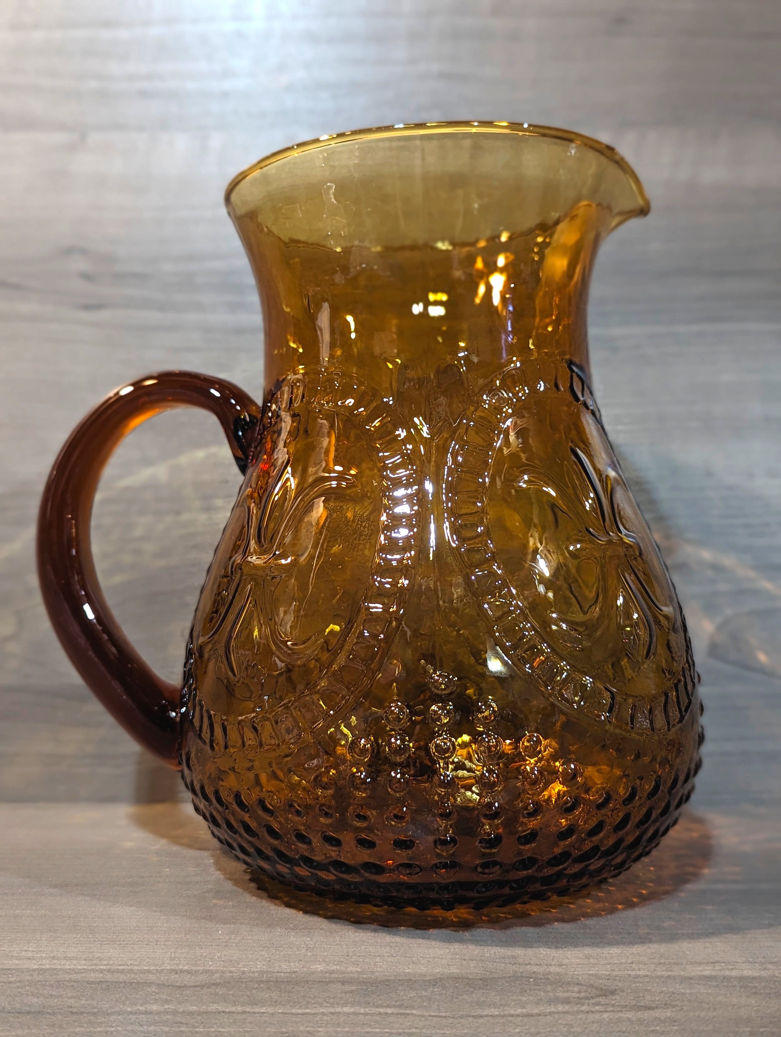 Fleur De Lis Amber Colored Glass Pitcher, Renaissance by ZRIKE, 90oz