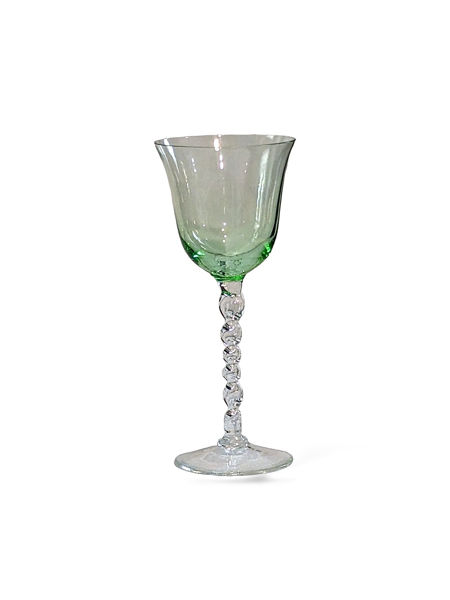 Set of 5 vintage multicolor bell shaped bowl with clear twisted stem wine, hand crafted glasses