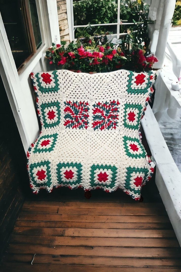 Vintage Hand Crochet White, Red & Green Granny Square Afghan 48" x 42.5"