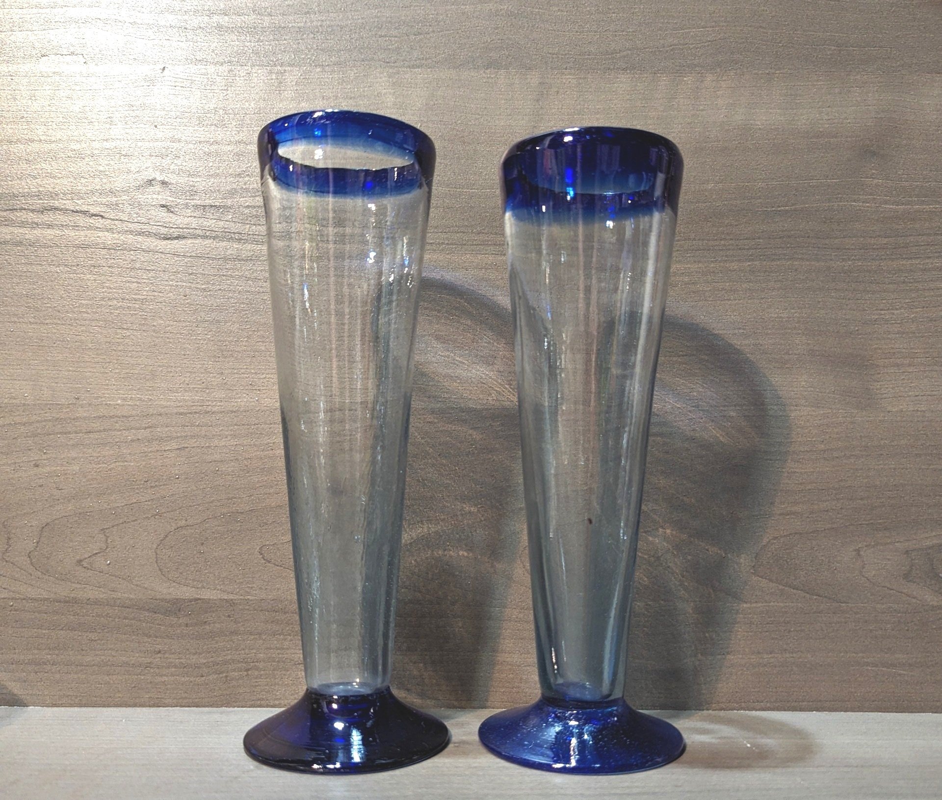 Vintage Hand Blown Clear & Blue Cocktail Glasses, Set of 2, Made in Mexico, 9"