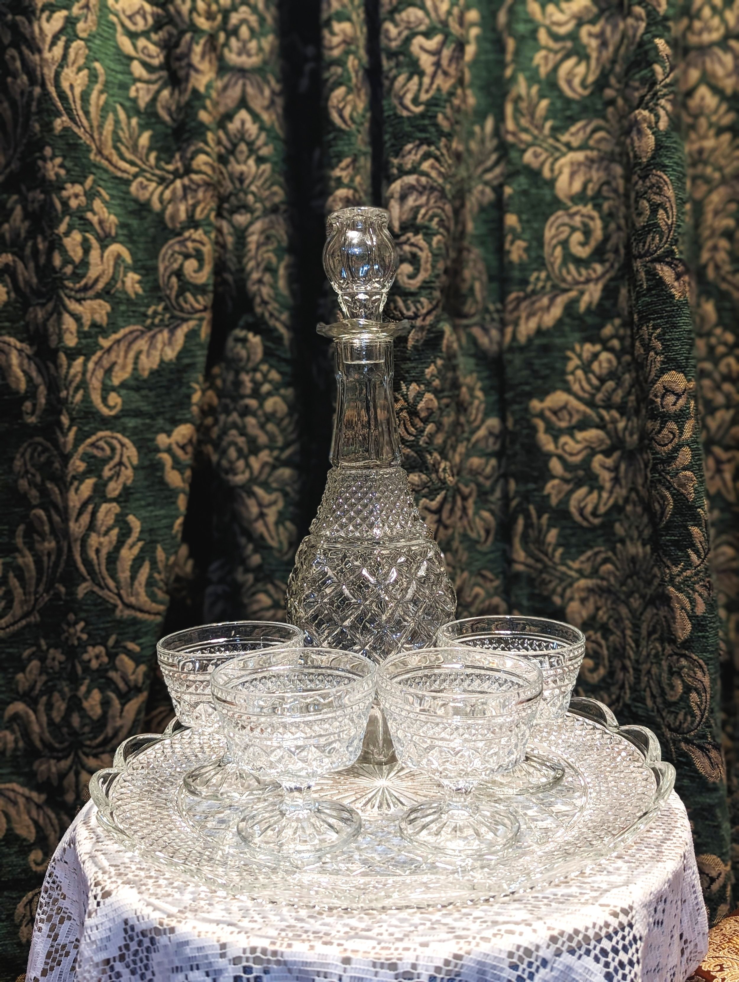 Vintage Versatile Style Wexford Clear Glass Decanter ,Stemware & Torte Plate Set by Anchor Hocking