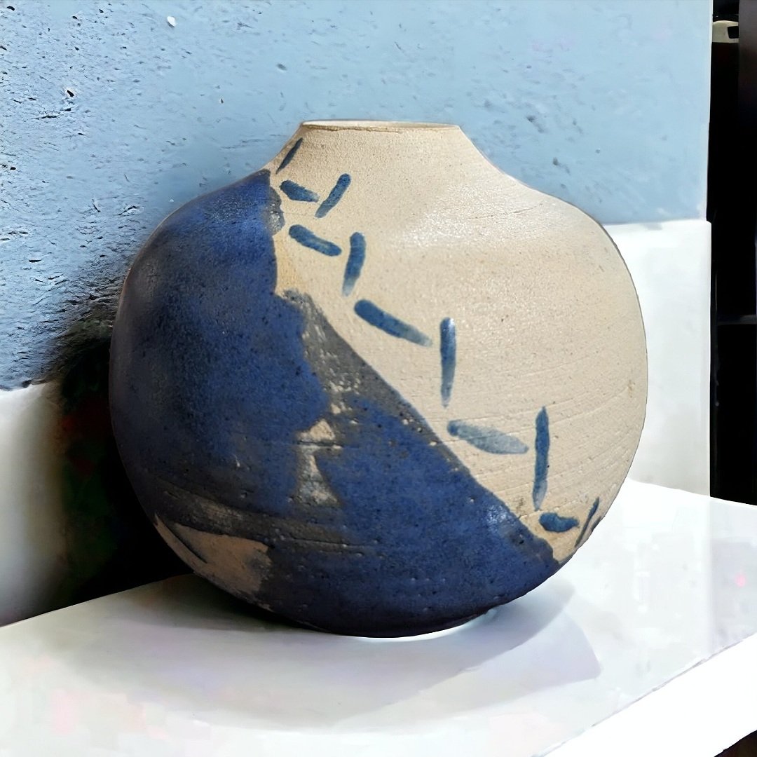 Studio Pottery Art Vase, Handmade, Hand Thrown Post Modern, Matte Cream with Blue Glaze Abstract