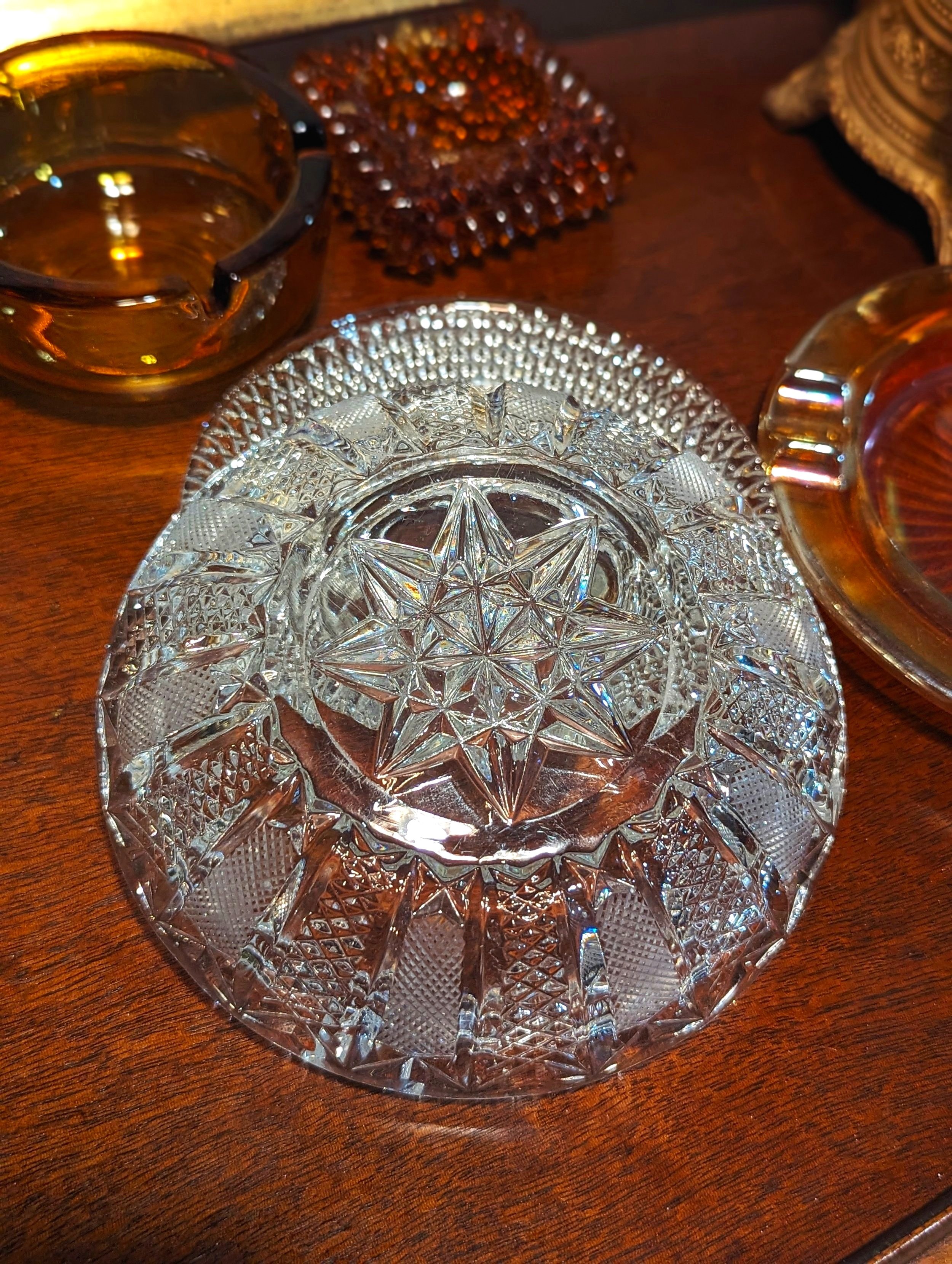 Vintage Bohemian Mid Sized Crystal Glass Ashtray with Lace & 8 Point Star Pattern