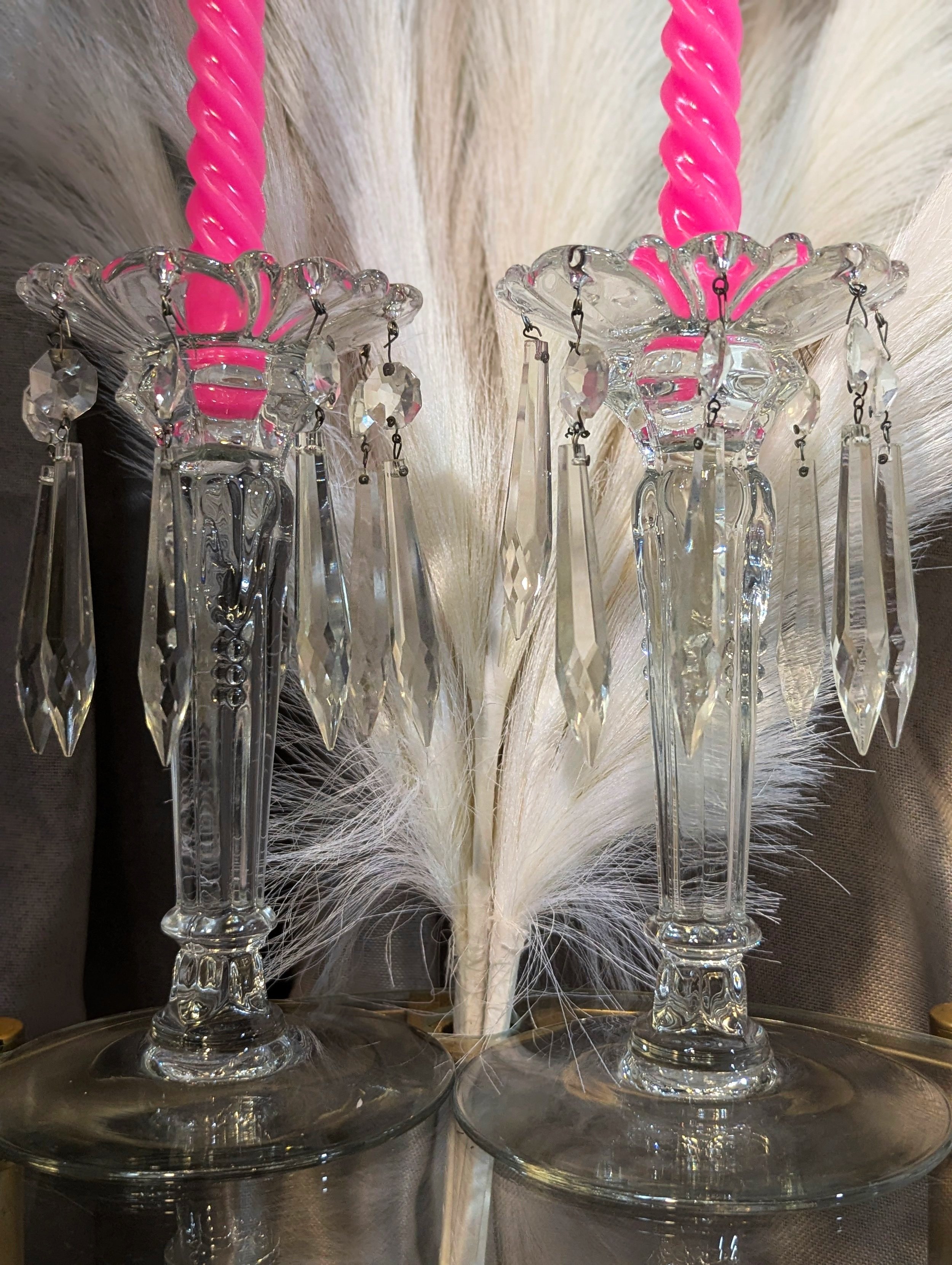 Vintage Queen Anne Candle Stick Holder Set with Floral Shaped Top & 8 Hanging Prisms by Heisey, 7"
